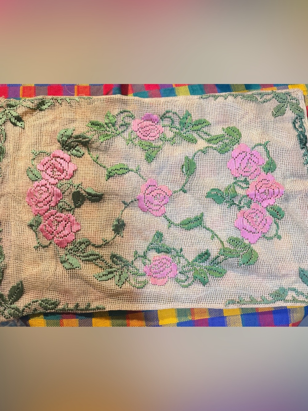 Vintage Rose Embroidered Pillow Case Mesh